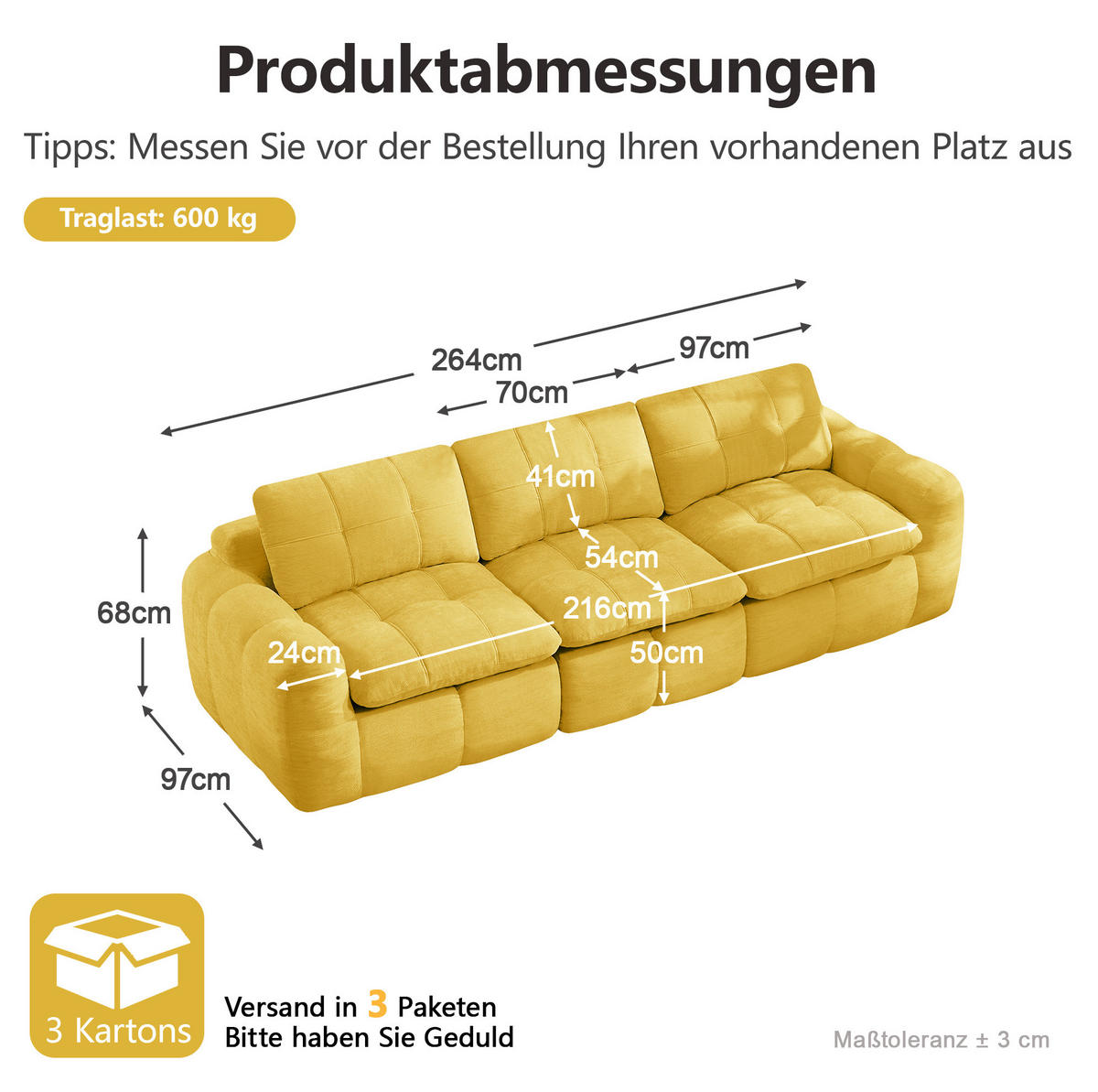SOFA 264/97/68 cm in Gelb aus Chenille mit modularem Design und hoher Belastbarkeit - Gelb, Textil (97/68/264cm) - Flora Grace