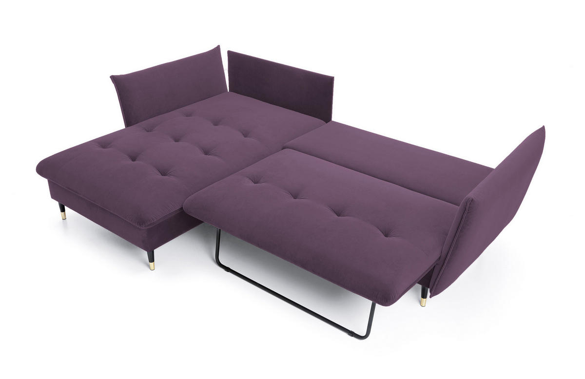 ECKSOFA GLAM mit Schlaffunktion, Ottomane & goldenen Füßen – Samtsofa im Glamour-Stil mit Zierkissen, 258x167x91cm, Linke, LILA - Lila, Holz/Textil (167/258cm) - DomoHome