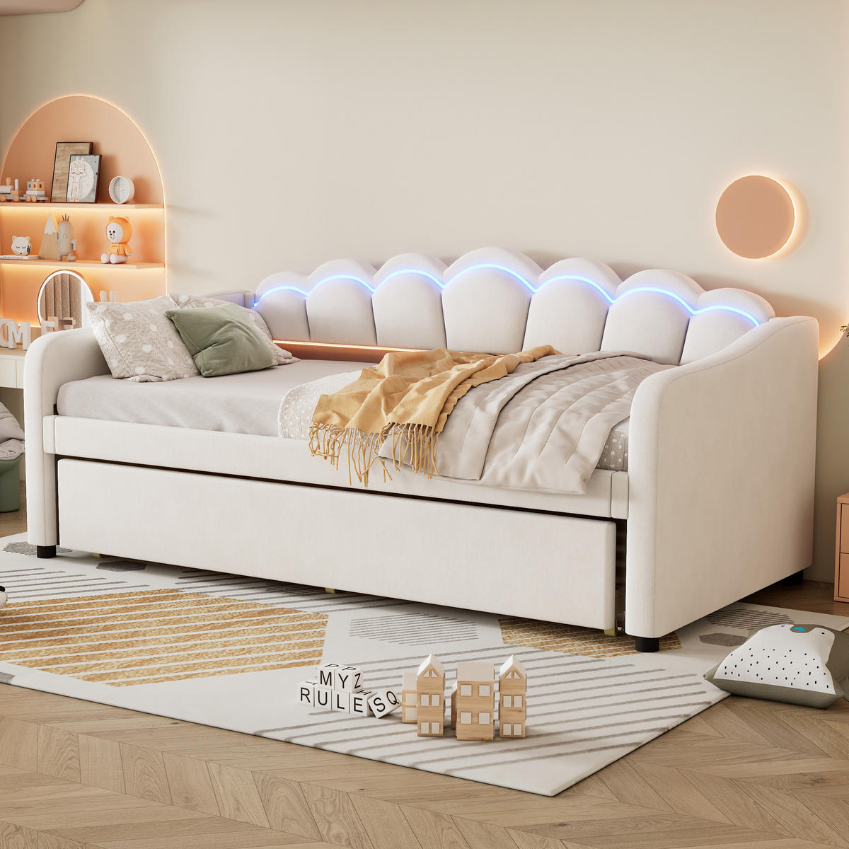 TAGESBETT 90/200 cm Beige mit ausziehbarem Bett und LED-Beleuchtung aus Samt - Beige, Textil (90/200cm) - OKWISH