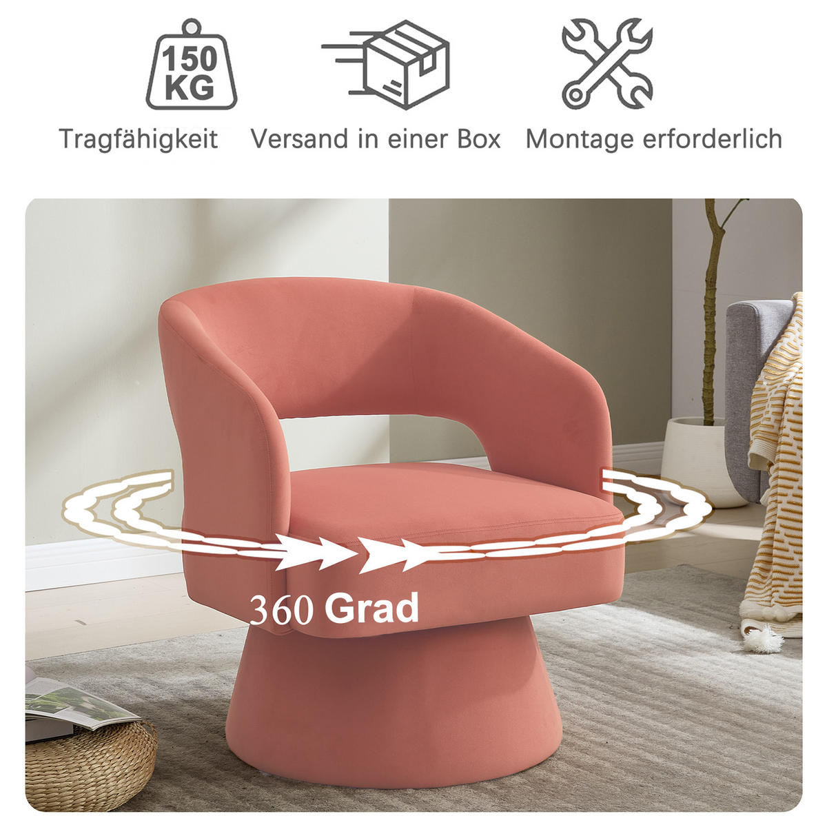 SESSEL Chenille Pink drehbar - Rosa, Holzwerkstoff/Textil (68/75/66cm) - WISHDOR