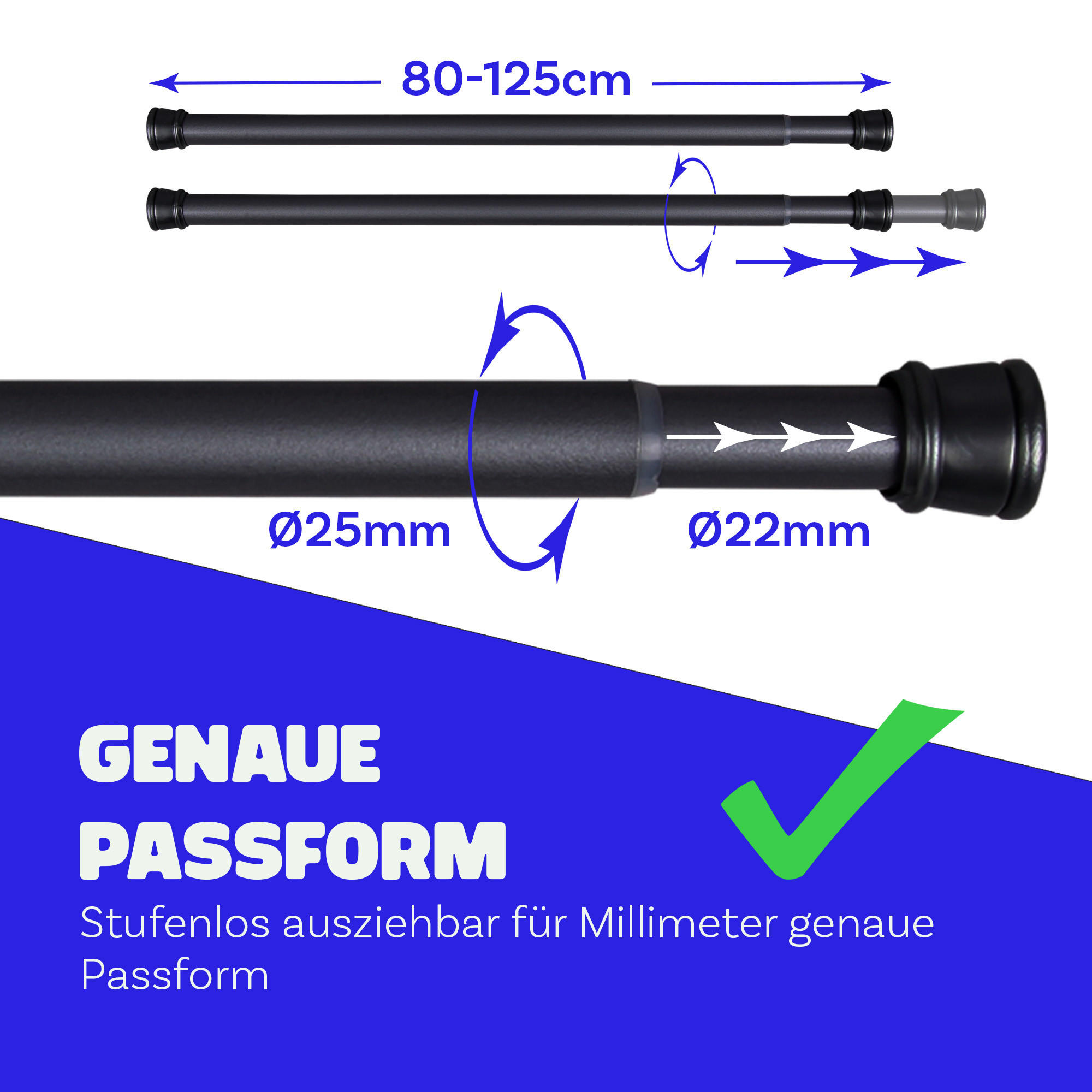 VERSTELLBARE Vorhangstange - Spannstange zum Klemmen Schwarz Ø22/25 mm 80-125 cm - Schwarz, Metall (80cm) - Bestlivings