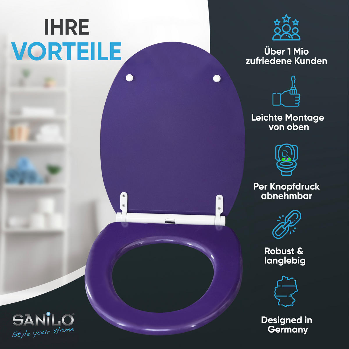 WC-SITZ mit Absenkautomatik & Top Fix Glitzer Lila - Violett, Holzwerkstoff (37.7/5.5/48cm) - Sanilo
