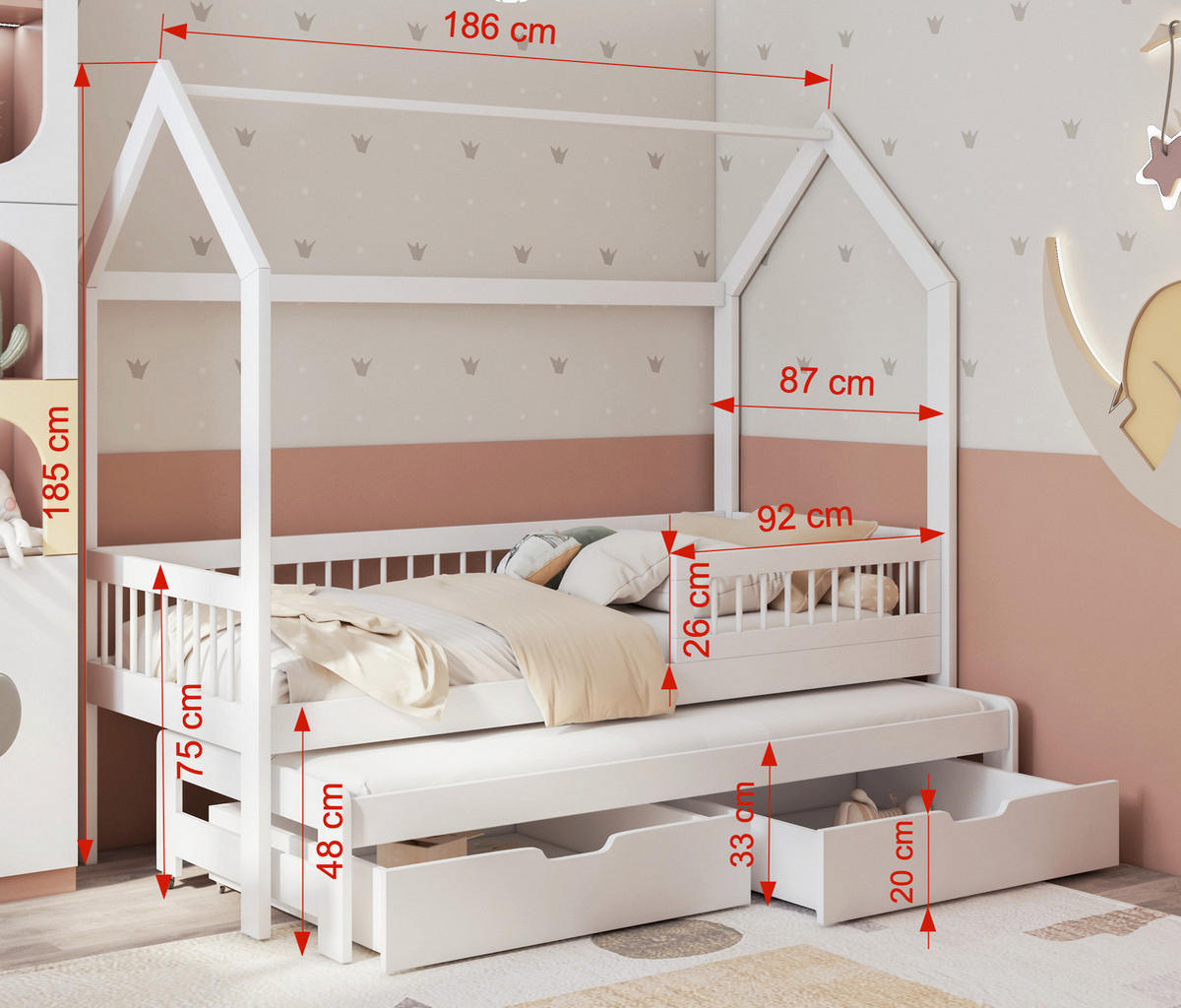 KINDERBETT 80x180 cm Farbe kiefer ASHER II Hausbett aus Massivholz mit Rausfallschutz, Gästebett, 2 Schubladen und 2 Matratzen - Braun, Holz (80/180cm)