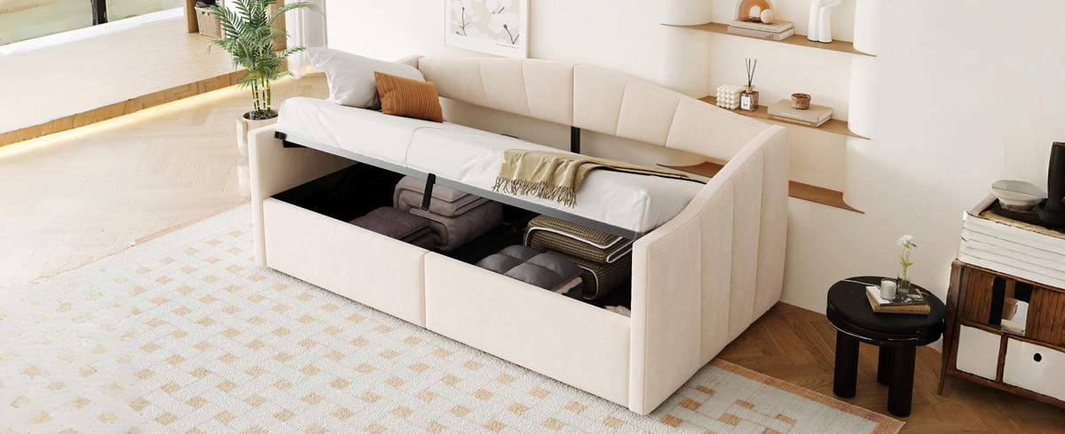 POLSTERBETT 90/200 cm Beige aus Samt mit Stauraum - Beige, Textil (90/200cm) - OKMYHOME