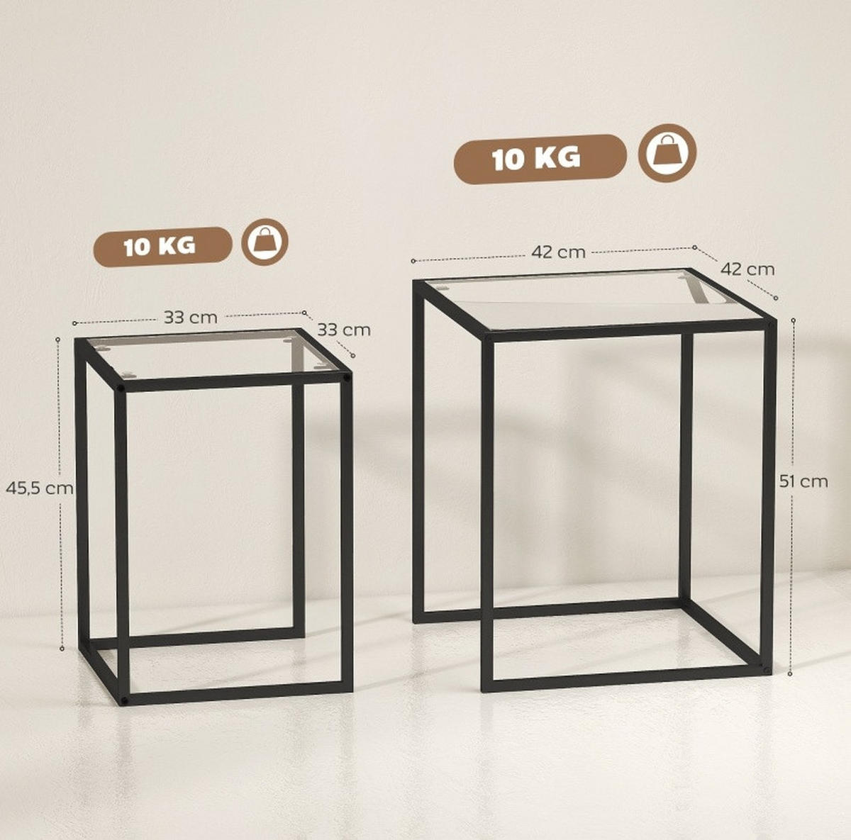 BEISTELLTISCH 42/51/42 cm und 33/45,5/33 cm Schwarz aus gehärtetem Glas und Stahl stapelbar 2er Set - Schwarz, Glas (42/42/51cm) - OKMYHOME
