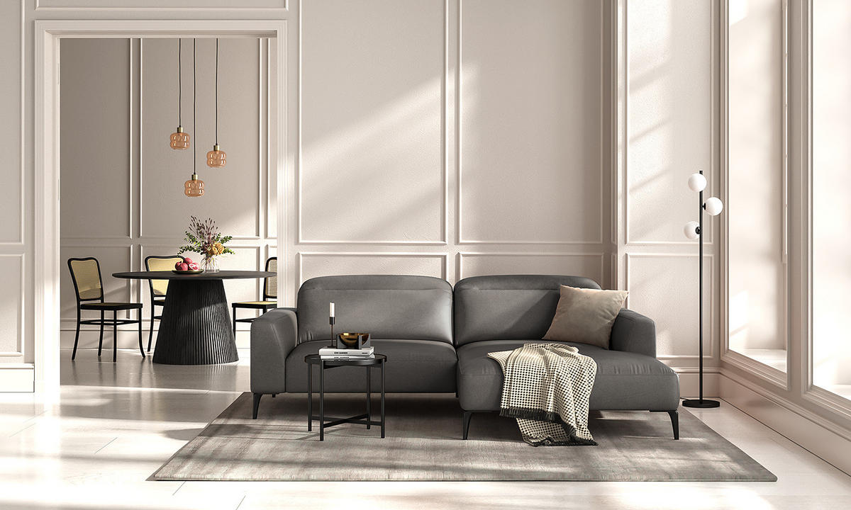 1,5-SITZER ECKSOFA mit Longchair - Schwarz/Grau, Leder/Metall (232/180cm) - home24