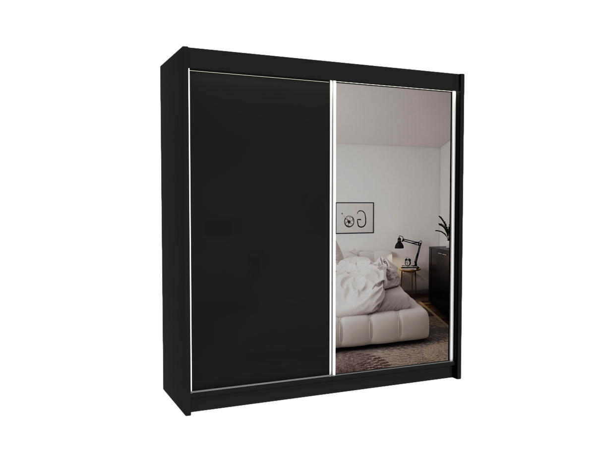 KLEIDERSCHRANK mit Spiegel-Schiebetüren und Aluminium-Leisten, LED-Beleuchtung - PARTI - 200 cm Schwarz - Schwarz, Holzwerkstoff (200/216/61cm) - ALTDECOR