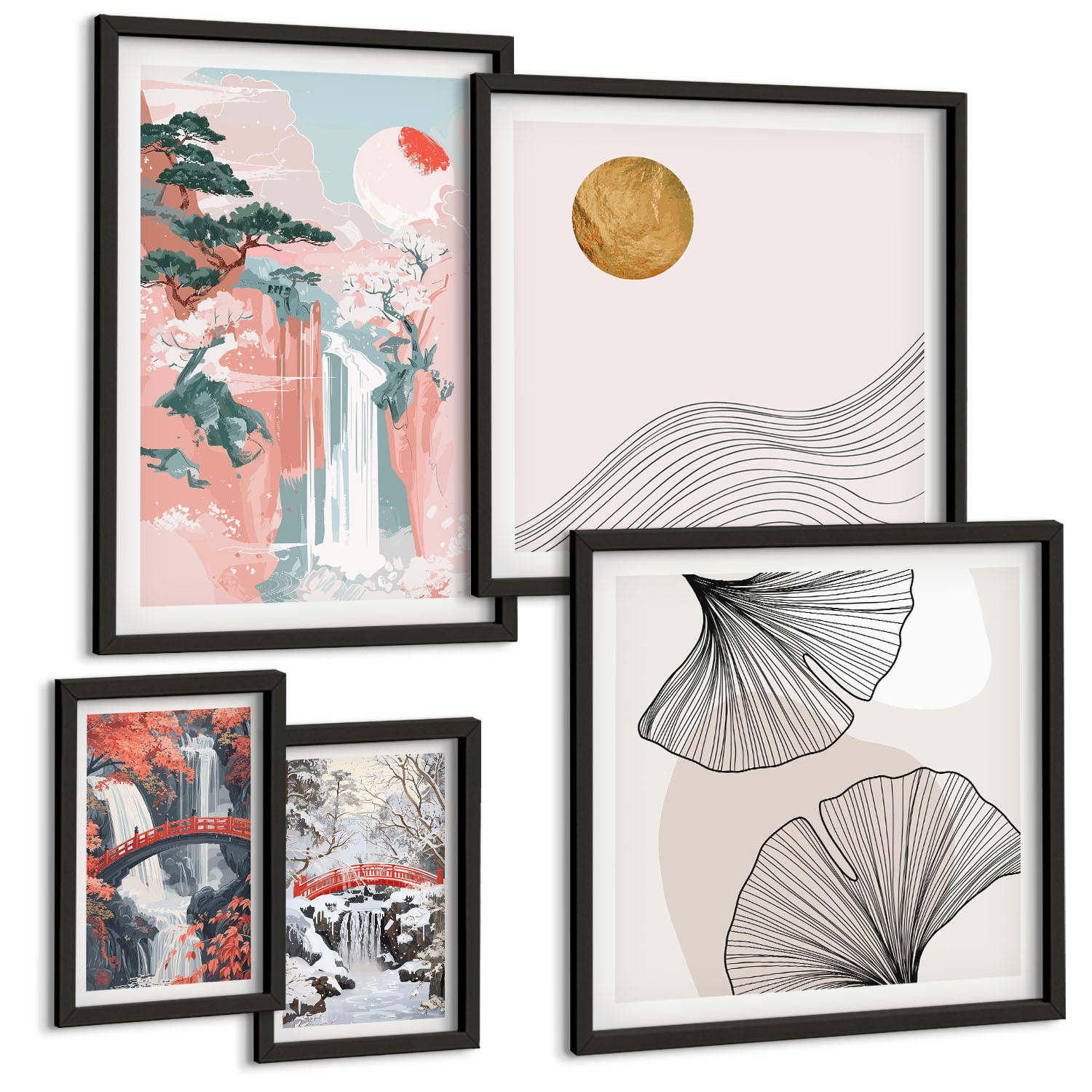 BILDER SET 5er Set - 50x50 cm & 20x30 cm & 40x60 cm Schwarzer Rahmen - Wasserfälle, Brücken, Bäume, Jahreszeiten - Schwarz, Kunststoff (40/60cm) - TULUP