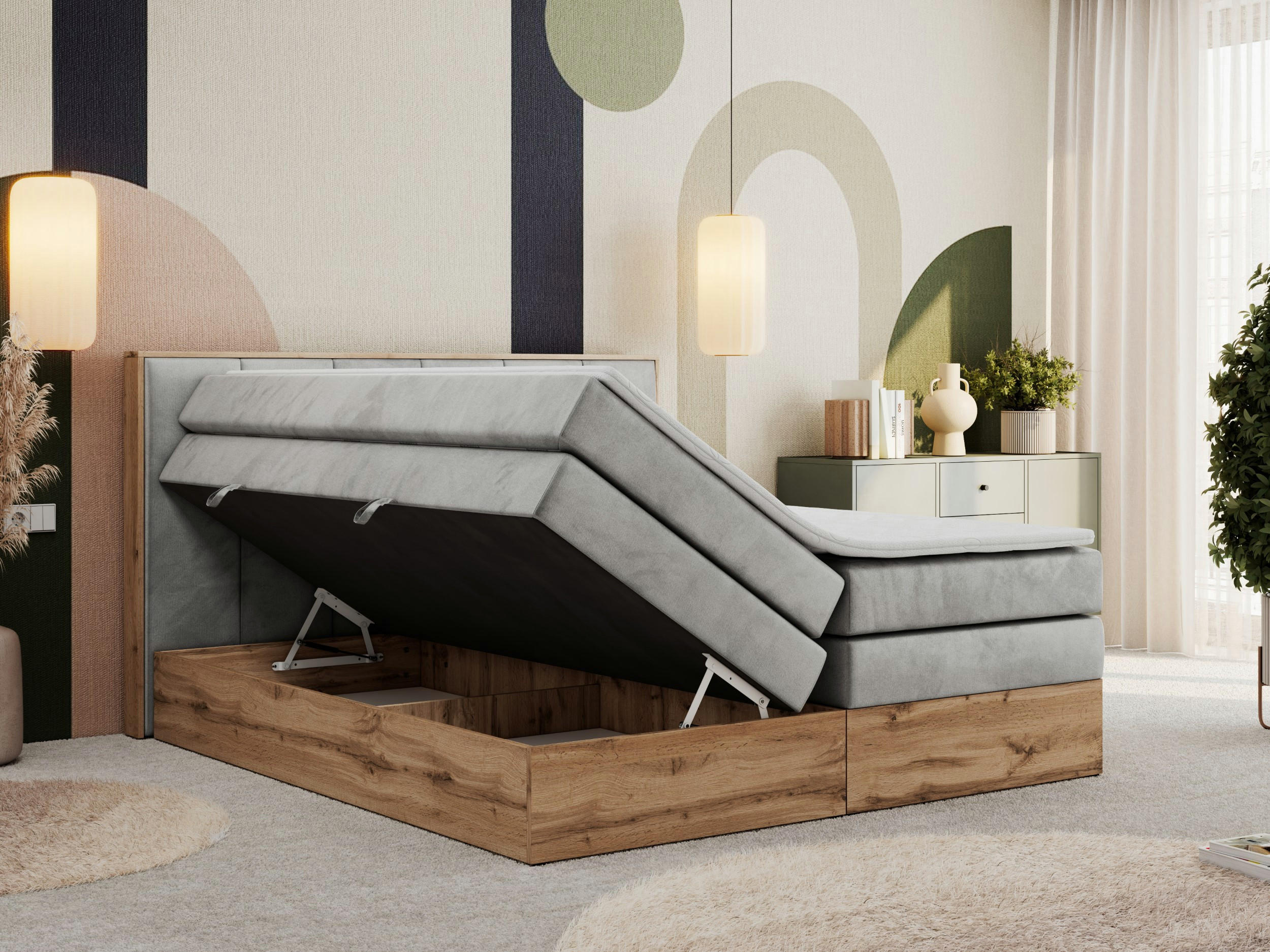 Thumbnail - MKS Boxspringbett, Hellgrau, Textil, 2-Sitzer, H3, Rechteckig, 140x200 cm, Oeko-Tex®, Schlafzimmer, Betten, Boxspringbet...