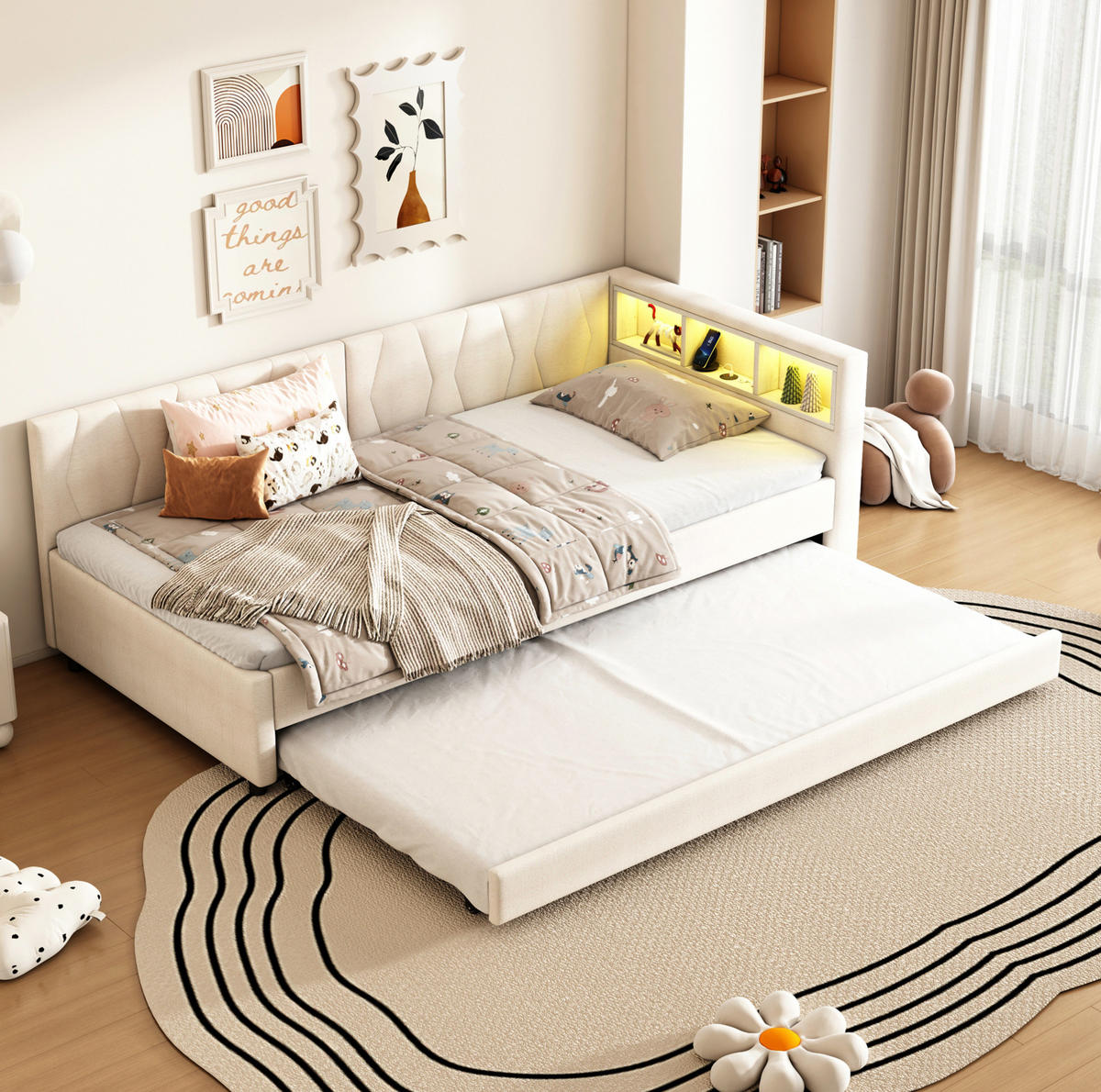 DENNÁ posteľ z ľanu a MDF 90x200 cm béžová s LED osvetlením, USB-C a úložnými priehradkami - béžová, textil (90/200cm) - Modfu