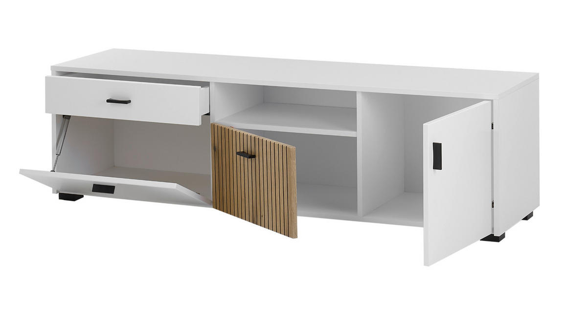 WOHNWAND weiß matt, Eiche 4-teilig 320 x 180 cm, Schrankwand mit viel Stauraum und Soft-Close - Eichefarben/Schwarz, Glas/Holzwerkstoff (320/180/42cm) - Furn.Design