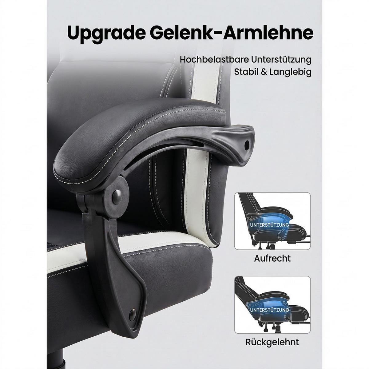 GAMING-STUHL schwarz-blau ergonomisch mit ausziehbarer Fußstütze, Nacken- und Lendenkissen, höhenverstellbar - Blau, Leder (54/116/61cm) - BRILVERDE