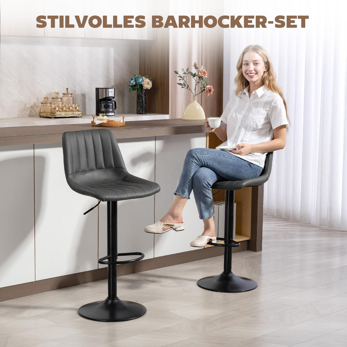 BARHOCKER 2er-Set Dunkelgrau 43.0/49.5/111.0 cm - Dunkelgrau, Leder (49.5/111/43cm)
