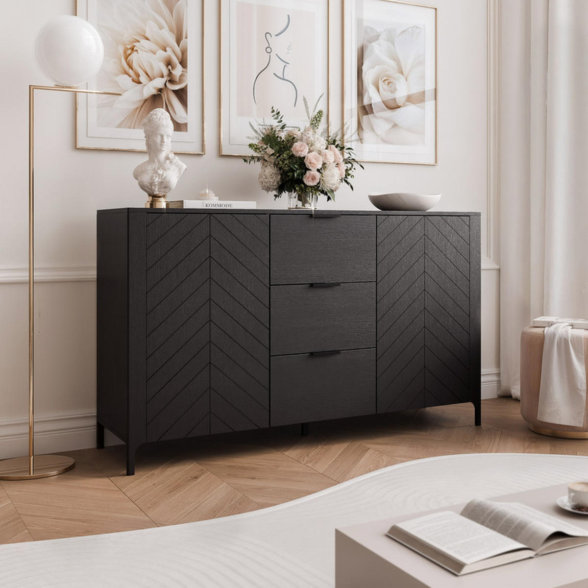 KOMMODE LORIEN 153 cm, 3 Schublade(n) Schwarz - Schwarz, Holzwerkstoff/Metall (153.1/95.1/40.6cm) - Idohome