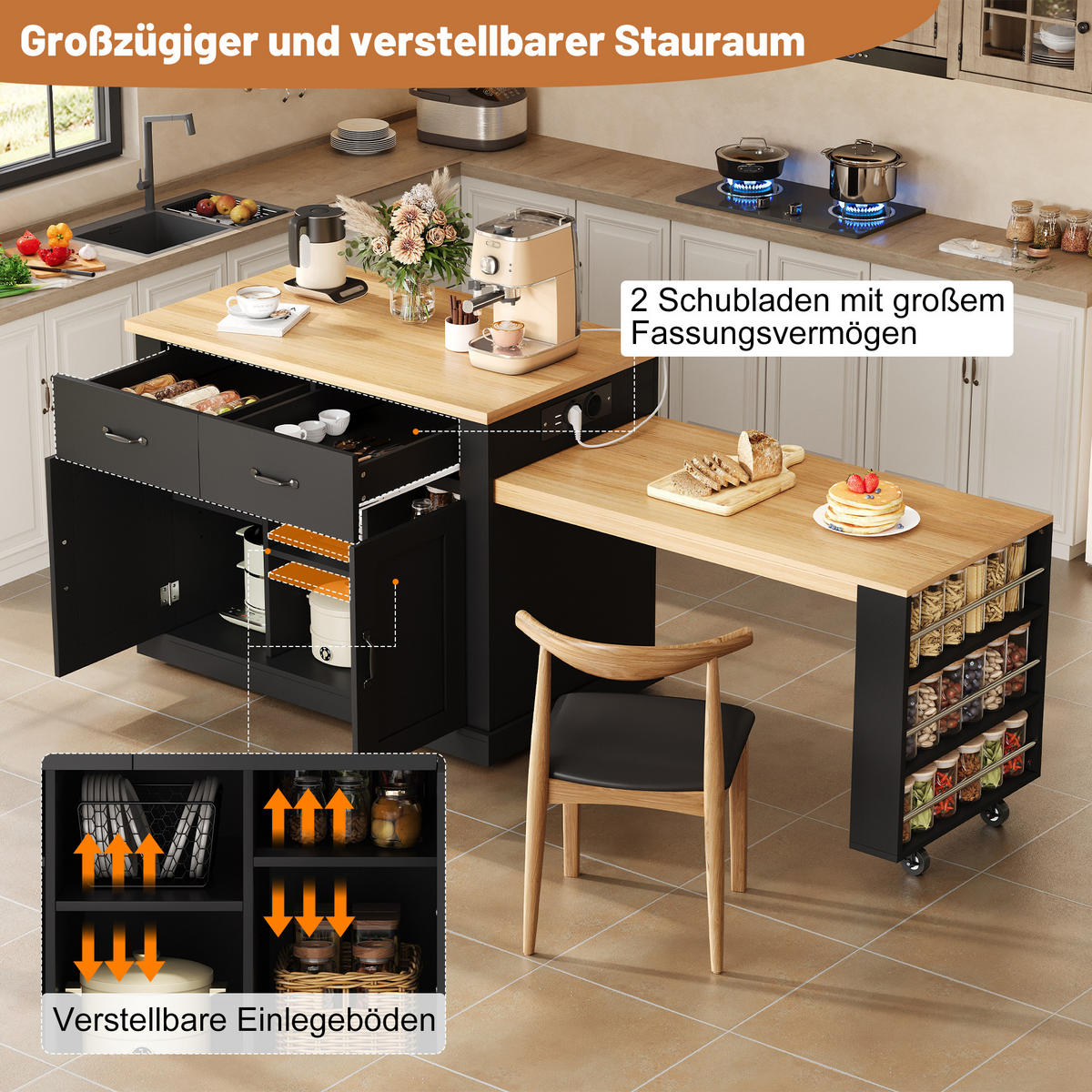 KÜCHENINSEL 133.5/60/93 cm Schwarz mit 2 Schubladen, ausziehbarem Esstisch und verstellbaren Regalen - Schwarz, Holz (60/93/132cm) - Oxeza