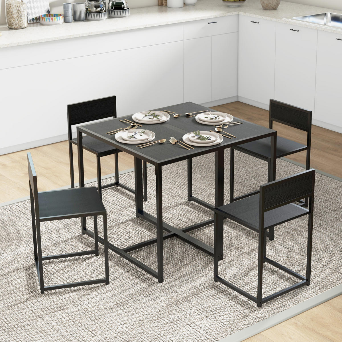 ESSTISCH-SET DE-18581 mit 2 Stühlen unterstellbar Schwarz - Schwarz, Metall (47/76/90cm) - ComfortXL
