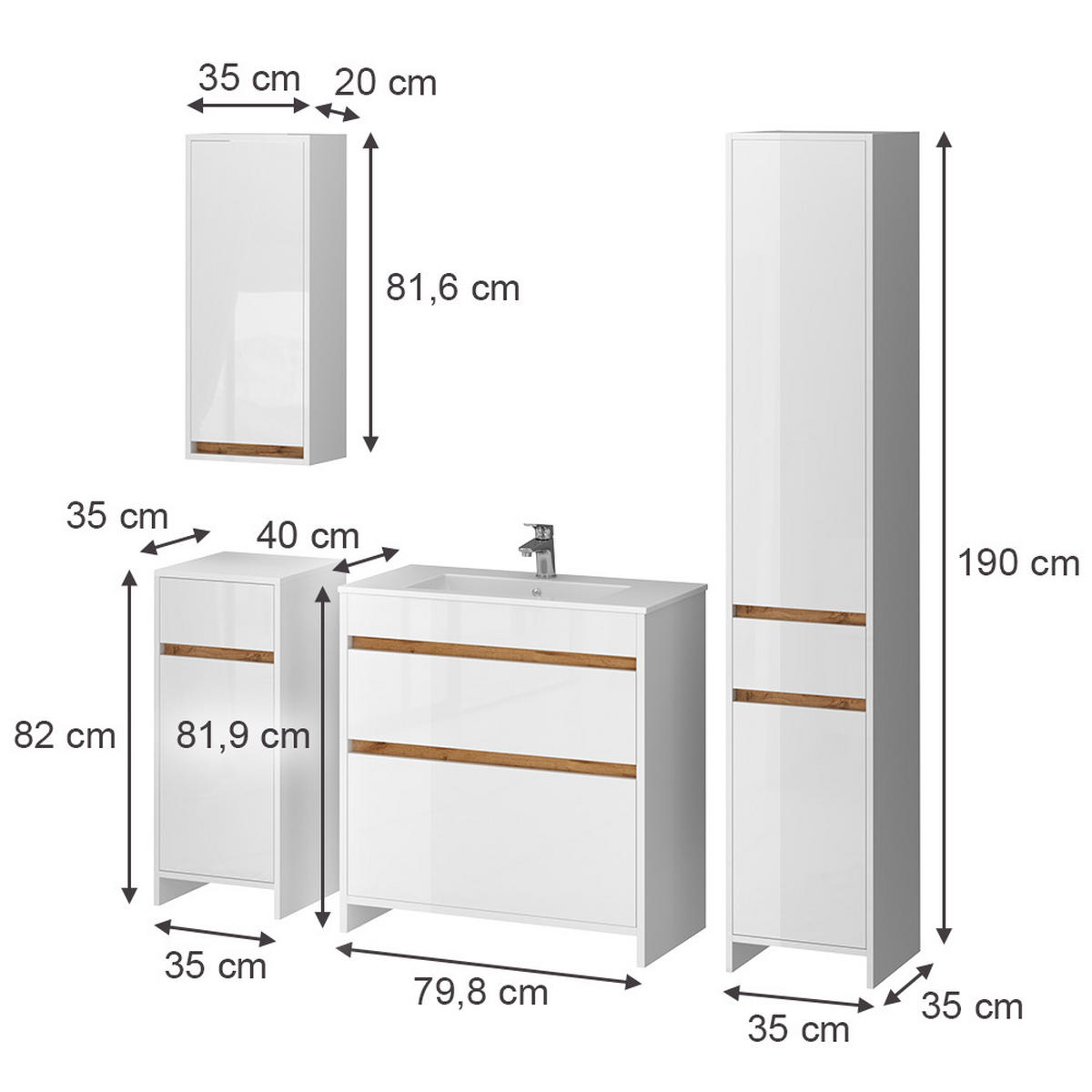 BADMÖBEL-SET Detmold Weiß Hochglanz/Goldkraft Eiche 5er-Set - Honigeiche/Weiß Hochglanz, Holzwerkstoff (79.8/81.9/40cm) - Vicco
