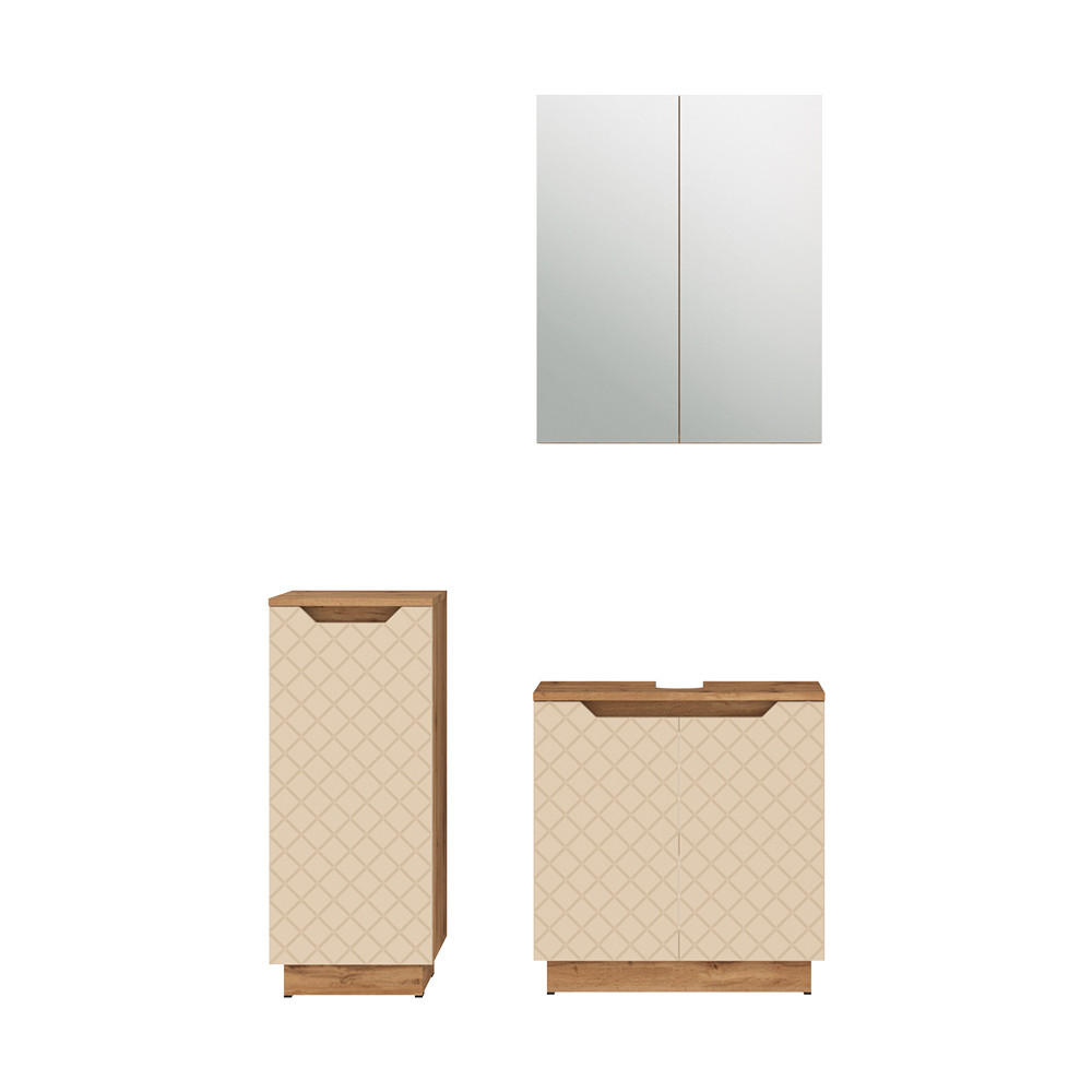 BADMÖBEL-SET Lotta Eiche/Kaschmir mit Kachelstruktur 3 Teile - Kaschmir, Holzwerkstoff (59.8/62.1/32cm) - Vicco