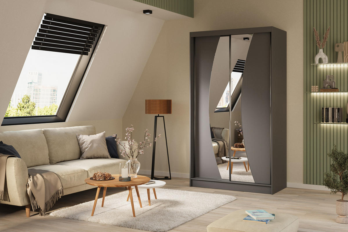 KLEIDERSCHRANK mit Spiegel-Schiebetüren und Aluminium-Leisten - VOXI - 120 cm Grau - Grau, Holzwerkstoff (120/216/61cm) - ALTDECOR