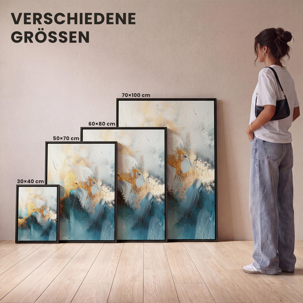 LEINWAND Bilder mit Rahmen - Abstrakt - Kunst - Gold - Blau - 60x80 - Petrol, Textil (60/80cm) - MuchoWow