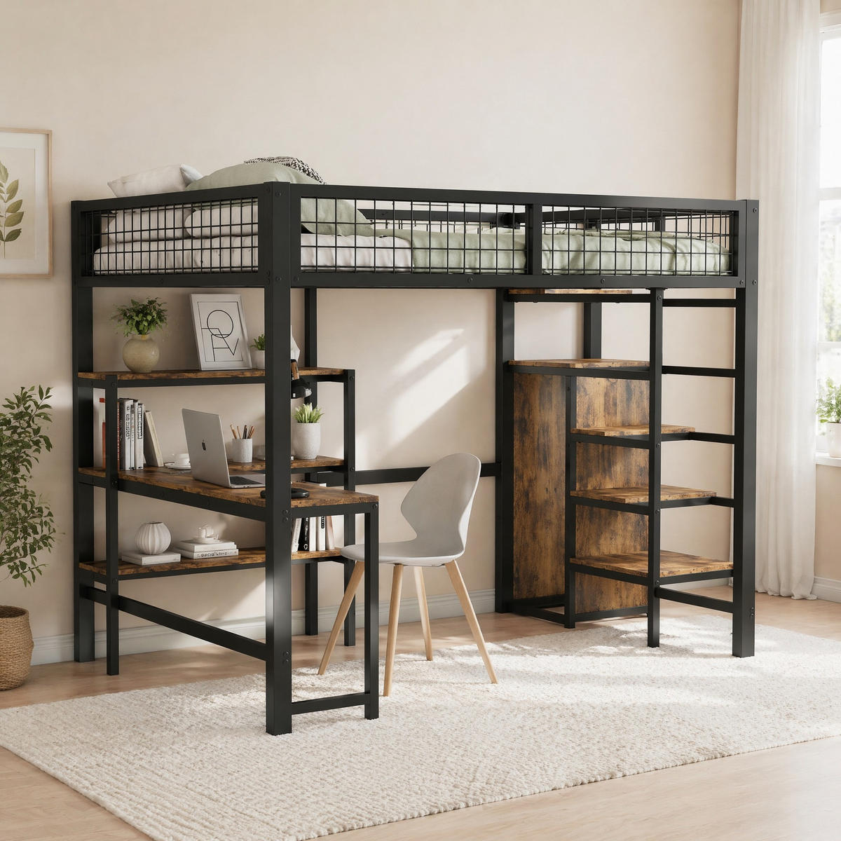 HOCHBETT 140/200 cm Schwarz aus Metall und MDF mit Schreibtisch und Kleiderschrank - Schwarz, Metall (140/200cm) - OKMYHOME