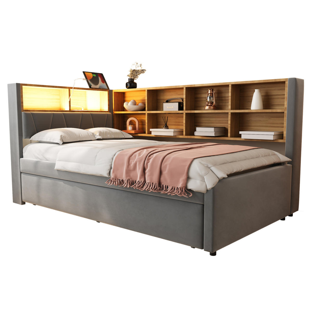 SCHLAFSOFA aus Flanell 90x200 cm Dunkelgrau mit Ausziehbett, LED-Beleuchtung und Ladeanschlüssen - Dunkelgrau, Textil (90/200cm) - IVMEU