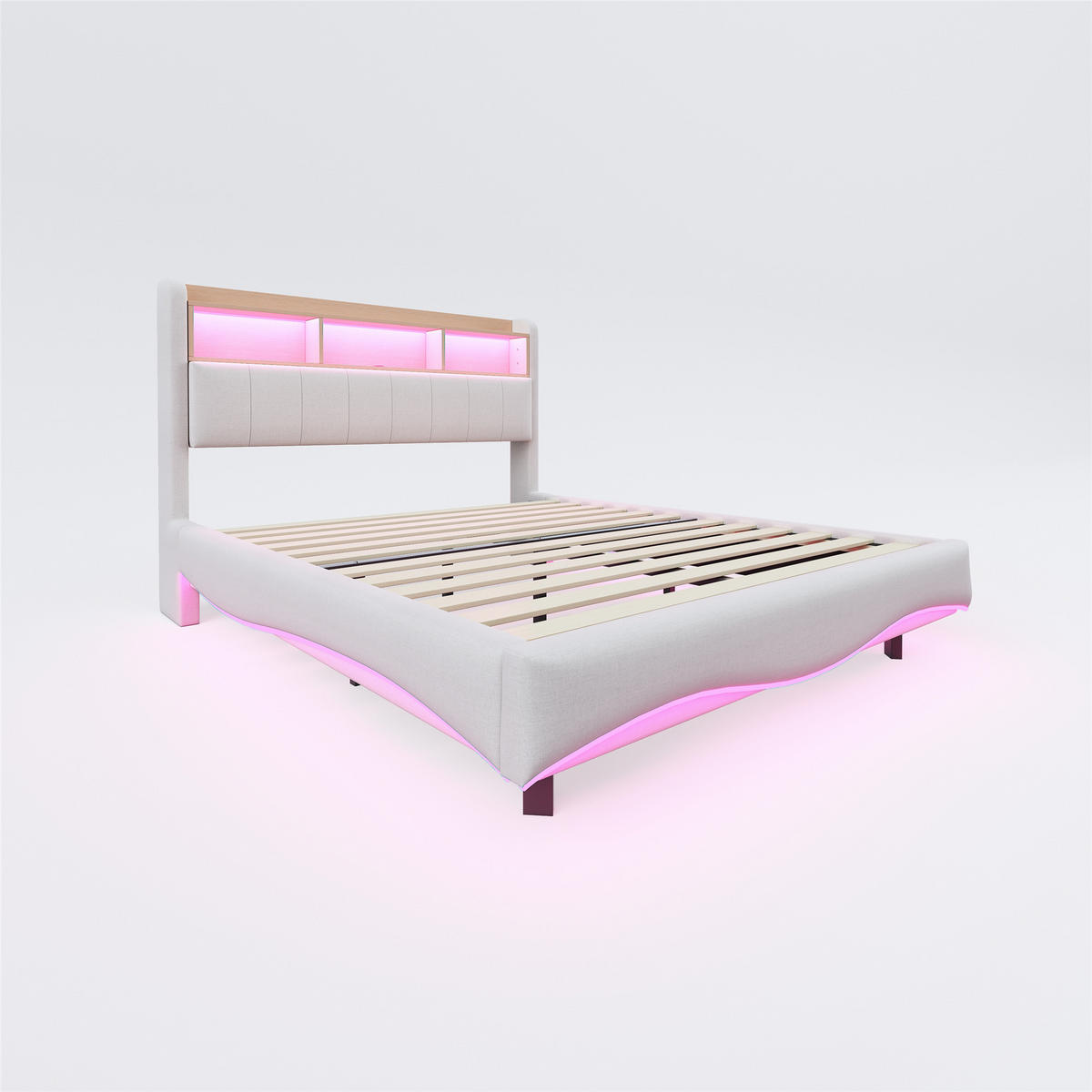 POLSTERBETT 160/200 cm aus Leinenstoff mit LED-Beleuchtung und USB- und Type-C-Anschlüssen beige - Beige, Textil (160/200cm) - OKWISH