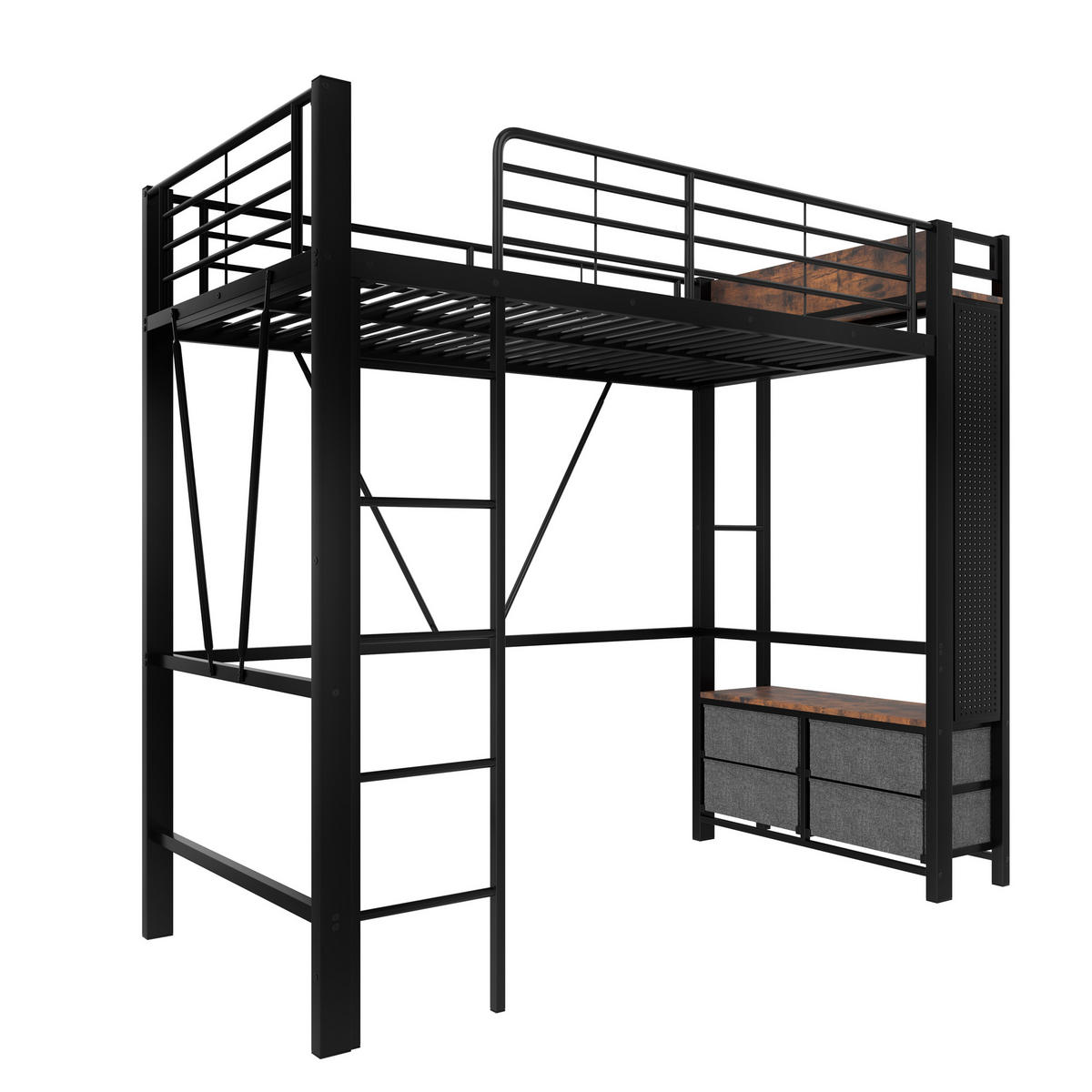 HOCHBETT 90/200 cm in Schwarz mit 4 Schubladen, LED und USB Type-C Metallbett mit Regal, Hängestange und Lochbrett - Schwarz, Holz/Metall (90/200cm) - STILVORA
