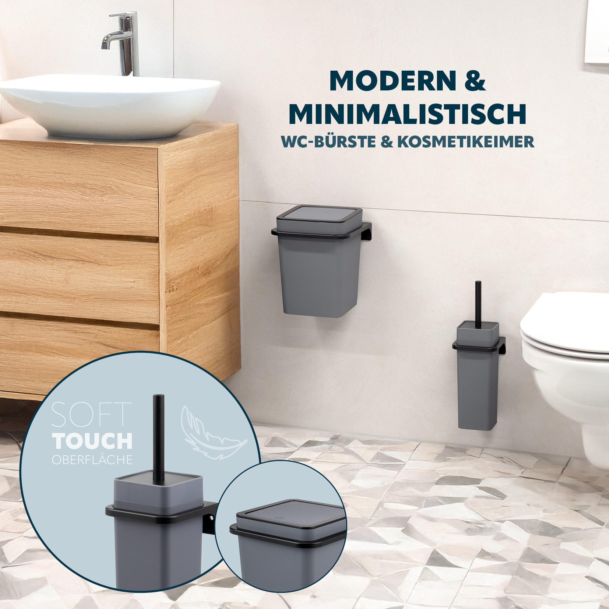 WC-GARNITUR 2-TLG. Bürste u. Eimer SAVONA Softtouch inkl. Wandhalterung, eckig - grau - Grau, Kunststoff (18/25/21cm) - bremermann
