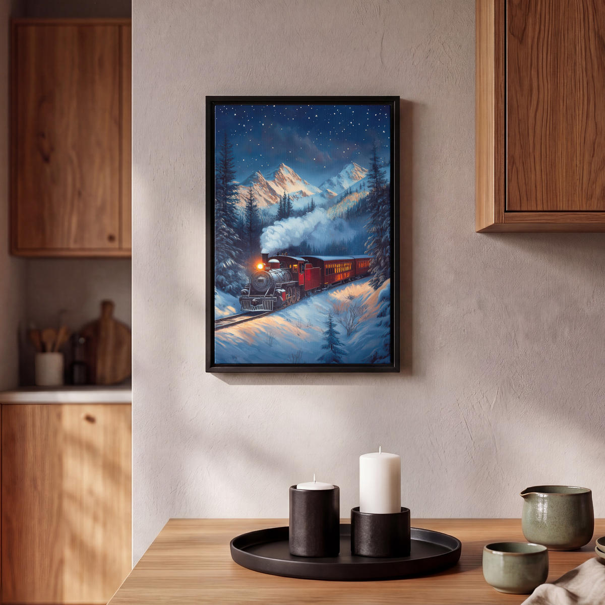 LEINWAND Bilder mit Rahmen - Zug - Weihnachten - Schnee - Weihnachtszug - 20x30 - Anthrazit, Textil (20/30cm) - MuchoWow
