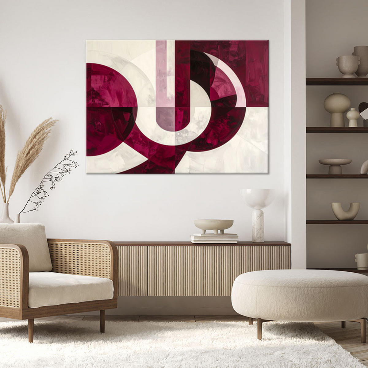 WANDBILD, Abstrakte Komposition mit bordeauxroten Kreisen und Linien - Rot, Textil (120/80cm) - Feeby