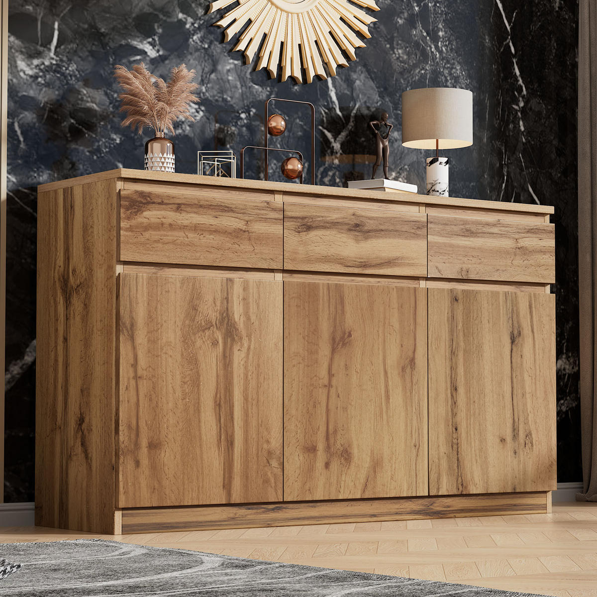 SIDEBOARD in Naturfarben Anrichte mit 3 Türen und 3 Schubladen für Wohnzimmer, B135/T40/H81cm - Naturfarben, Holzwerkstoff (135/81/40cm) - STILVORA