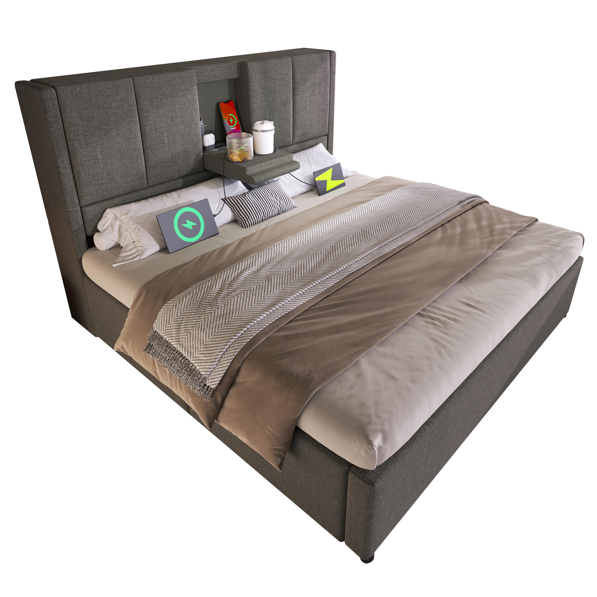 POLSTERBETT 140/200 cm mit verstecktem Becherhalter, USB-Ladestation und hydraulischem Stauraum, Grau - Grau, Textil (140/200cm) - Redom