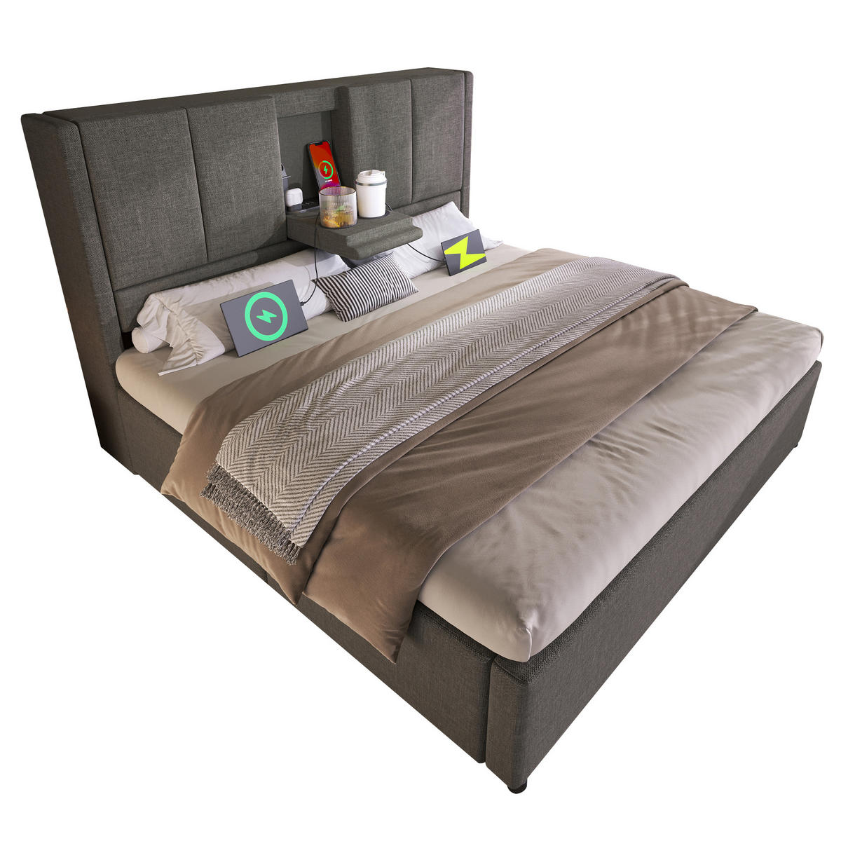 POLSTERBETT 140/200 cm mit verstecktem Becherhalter, USB-Ladestation und hydraulischem Stauraum, Grau - Grau, Textil (140/200cm) - Redom