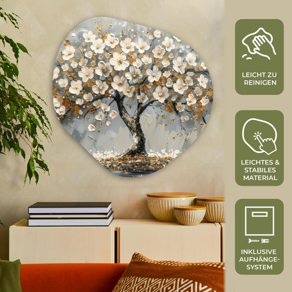 WANDBILD Baum - Gold - Blumen - Abstrakt - Kunst 90x90 cm - Goldfarben, Kunststoff (90/90cm) - MuchoWow