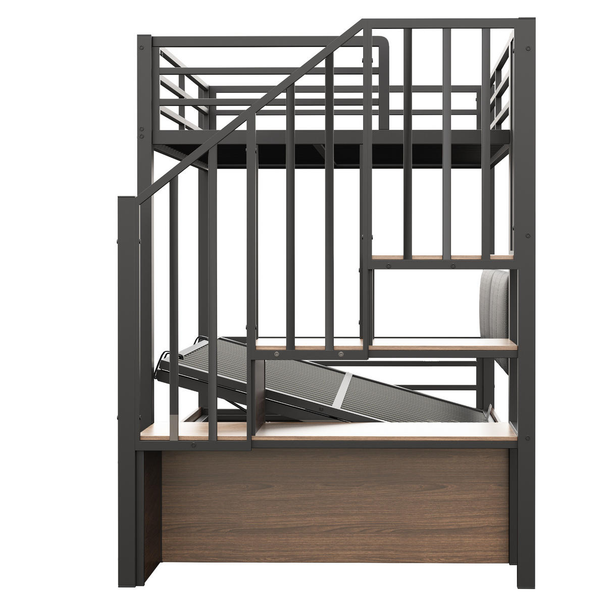 HOCHBETT 90/200 cm mit hydraulischem Bettkasten, PU-Rückenlehne und Stauraumtreppe, Schwarz - Schwarz, Kunststoff (90/200cm) - Redom