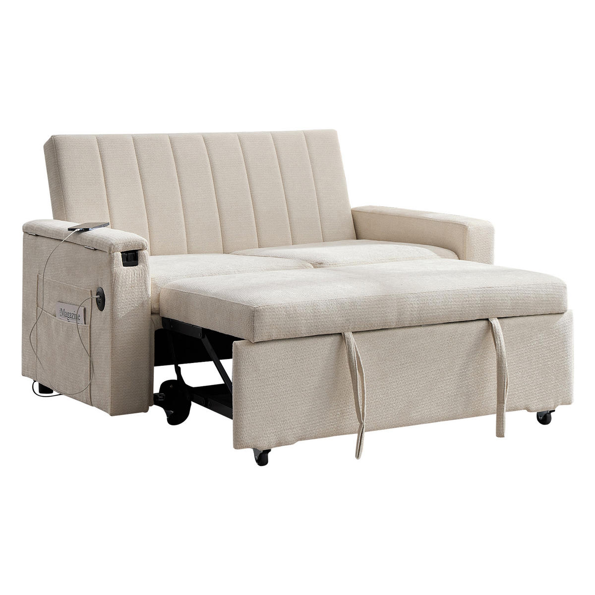 SCHLAFSOFA 140/84.5/84 cm Beige mit Klapptablett, USB & Type-C Ladeanschluss, Seitentaschen und Rollen - Beige, Textil (140/84/84.5cm) - Oxeza