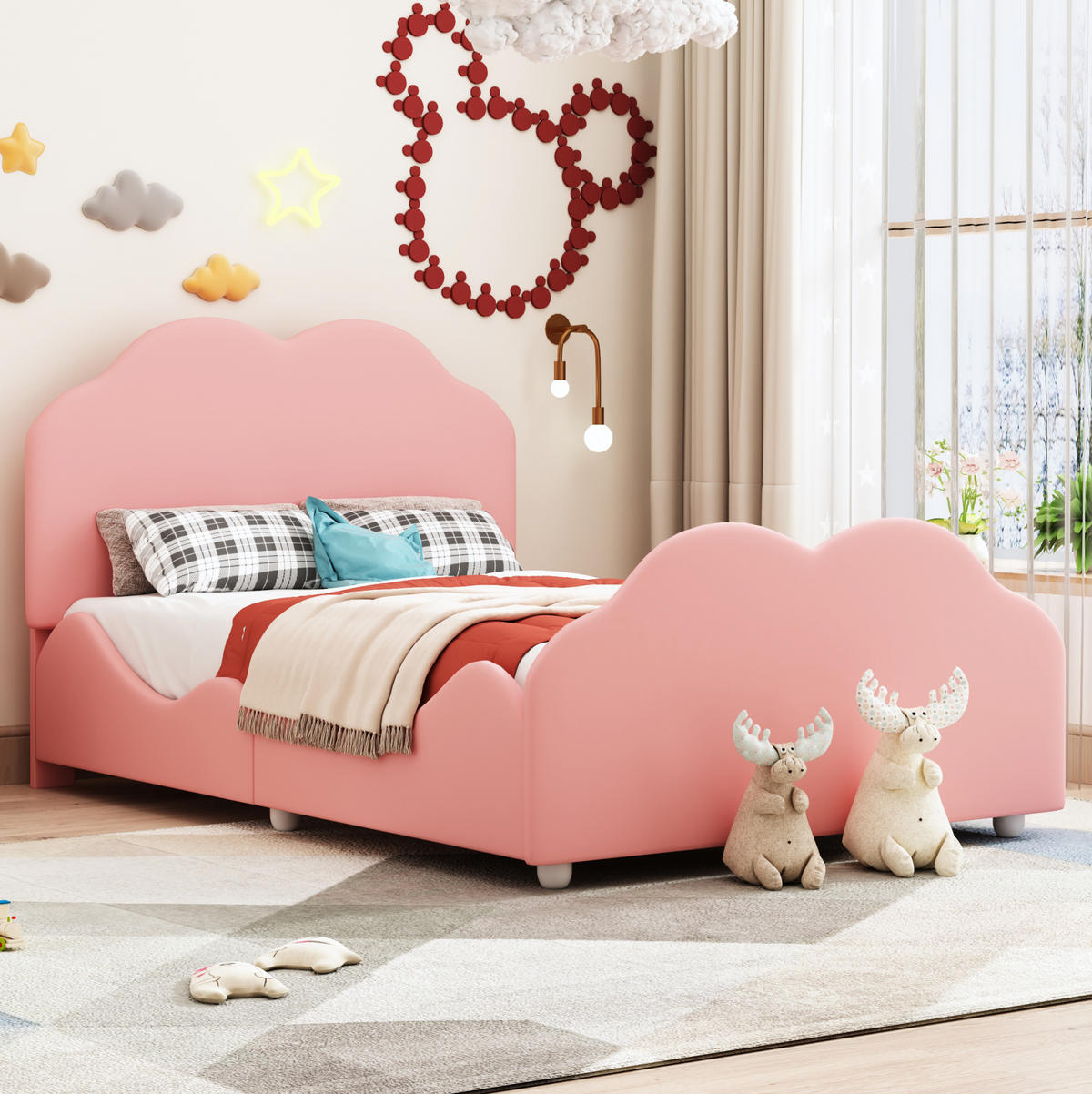 POLSTERBETT 90/200 cm rosa hohes Geländer-Kinderbett mit Wolkenkopf- und Fußteil - Pink, Textil (90/200cm) - OKWISH