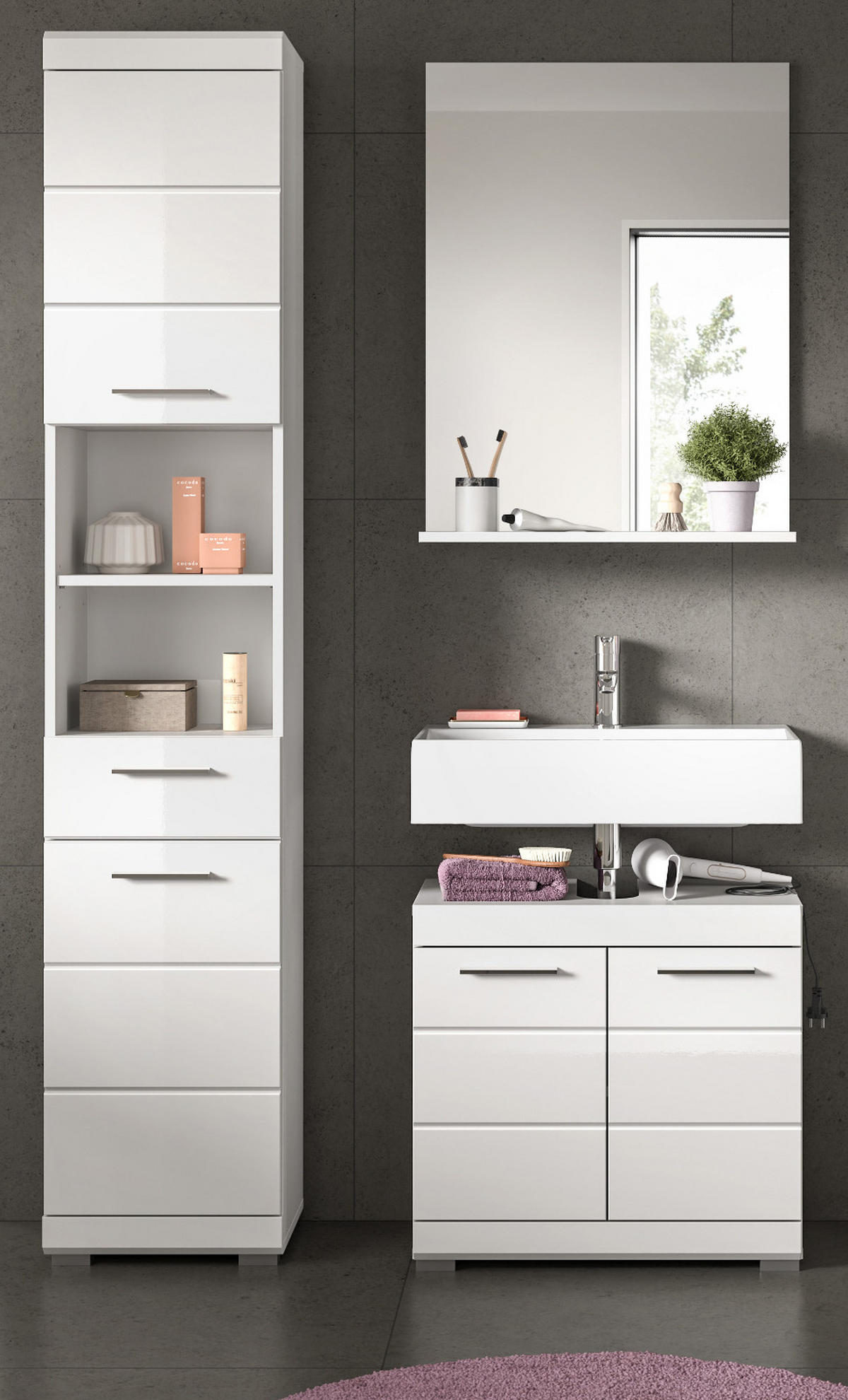 BADMÖBEL-SET weiß Hochglanz 3-teilig 112 cm, Komplettset mit viel Stauraum - Weiß Hochglanz, Glas/Holzwerkstoff (112/191/34cm) - Inn.Furn