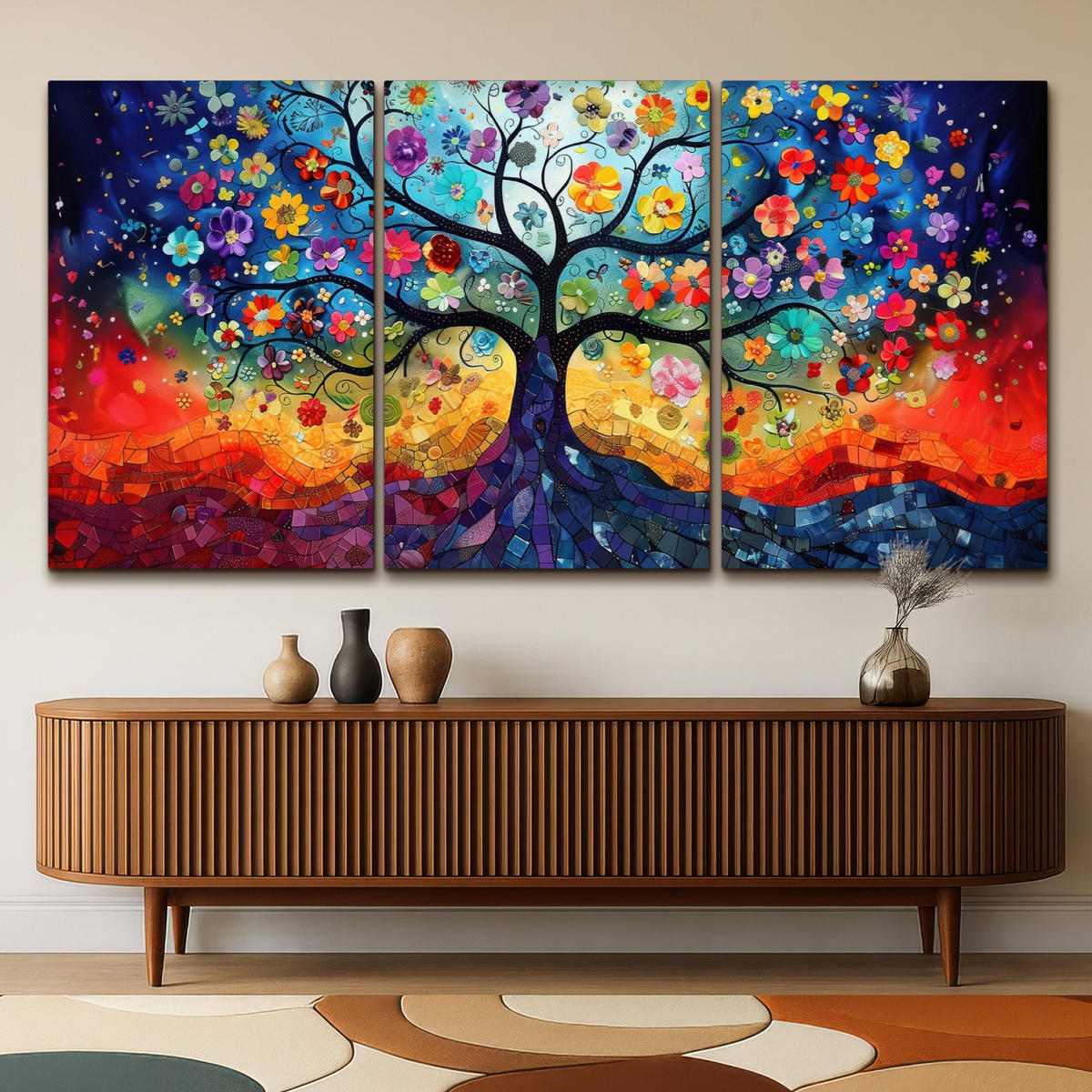 LEINWANDBILD 3er Set Bunt - Baum des Lebens - Blumen - Abstrakt 240x120 cm - Blau, Textil (240/120cm) - MuchoWow