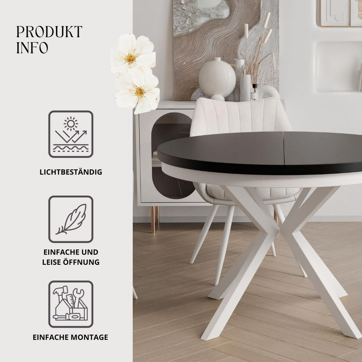 AUSZIEHTISCH MILTON 120-196/76 cm mit Metallgestell und Zarge, Weiß / Schwarz Molet - Schwarz/Weiß, Holzwerkstoff/Metall (120/120/76cm) - Idohome