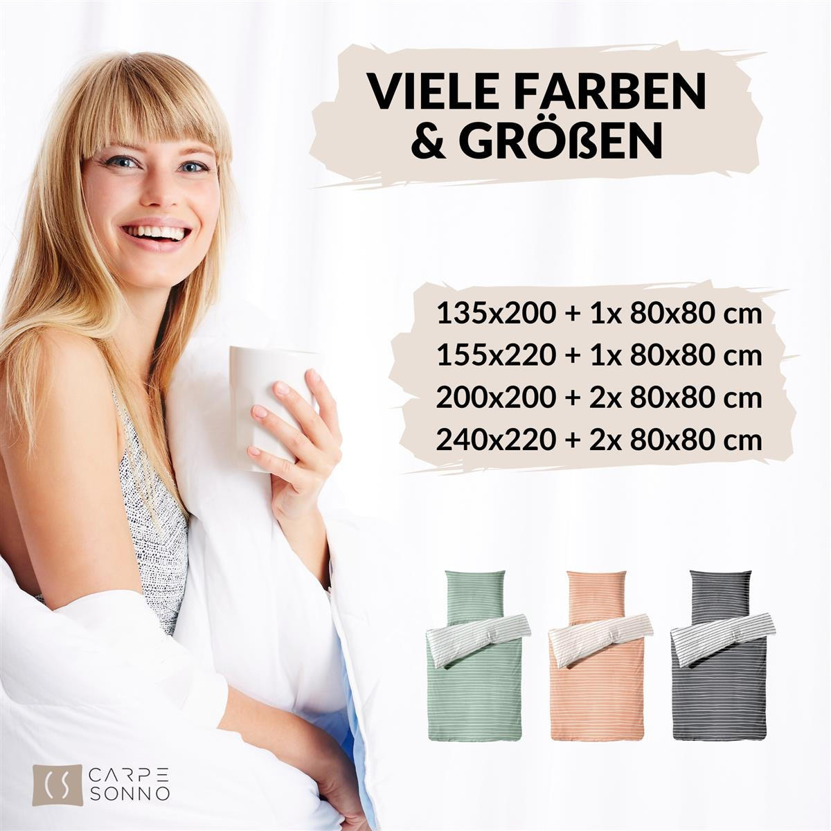 BETTWÄSCHE Mako Perkal 240x220 cm aus 100% Baumwolle mit Reißverschluss, 3 teilig Bettbezug gestreift 240 x 220 - Orange - Orange, Textil (240/220cm) - Carpe Sonno
