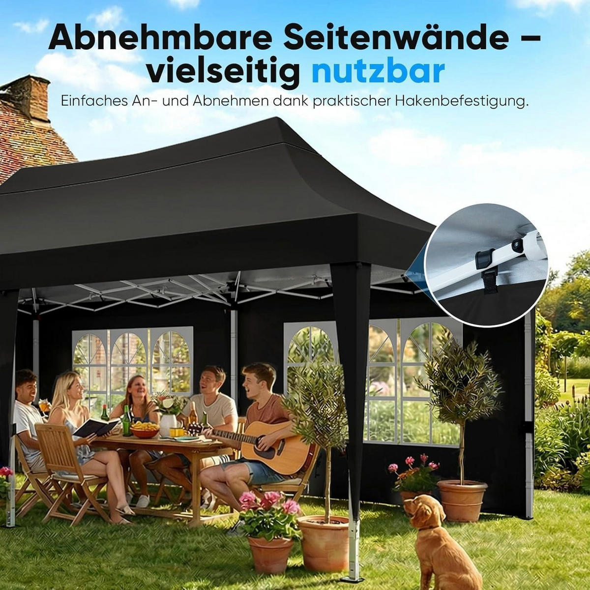 FALTPAVILLON 3x6m mit Seitenwänden wasserdicht UV-Schutz 50+ Stahlrahmen Schwarz - Schwarz, Metall (585/310/293cm)