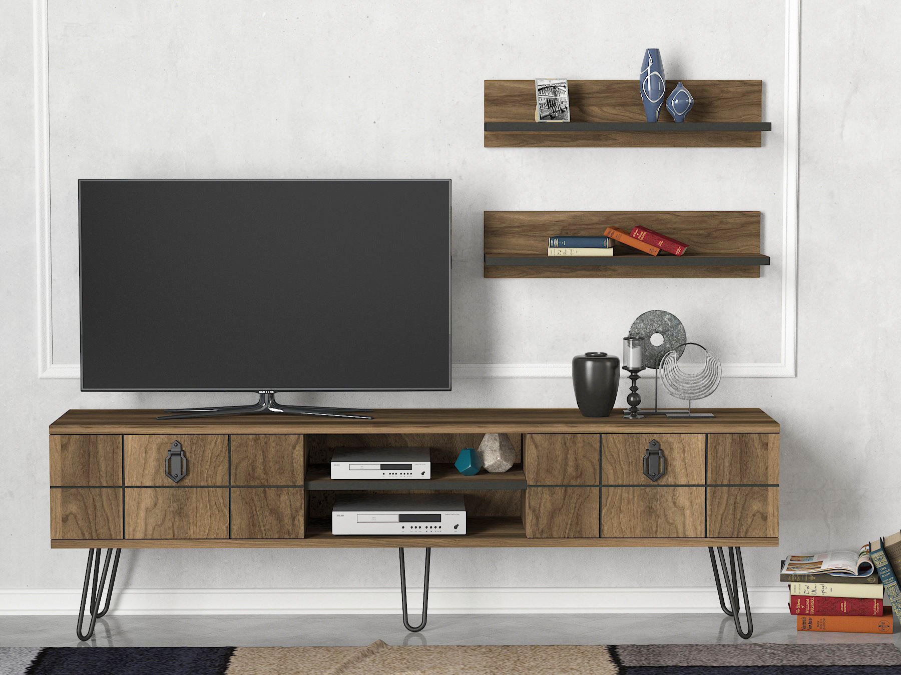 WOHNWAND Rialto mit Metallfüße Walnuss - Walnussfarben/Schwarz, Holzwerkstoff/Metall (150/46/30cm) - moebel17