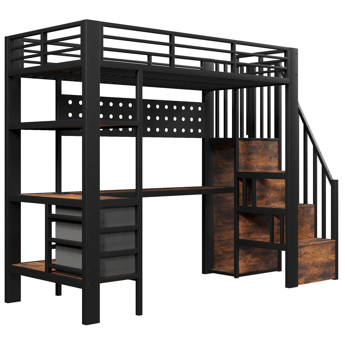 HOCHBETT 90/200 cm aus Metall und MDF mit Schreibtisch, Stauraum und LED Schwarz - Schwarz, Holzwerkstoff (90/200cm) - Modenvie