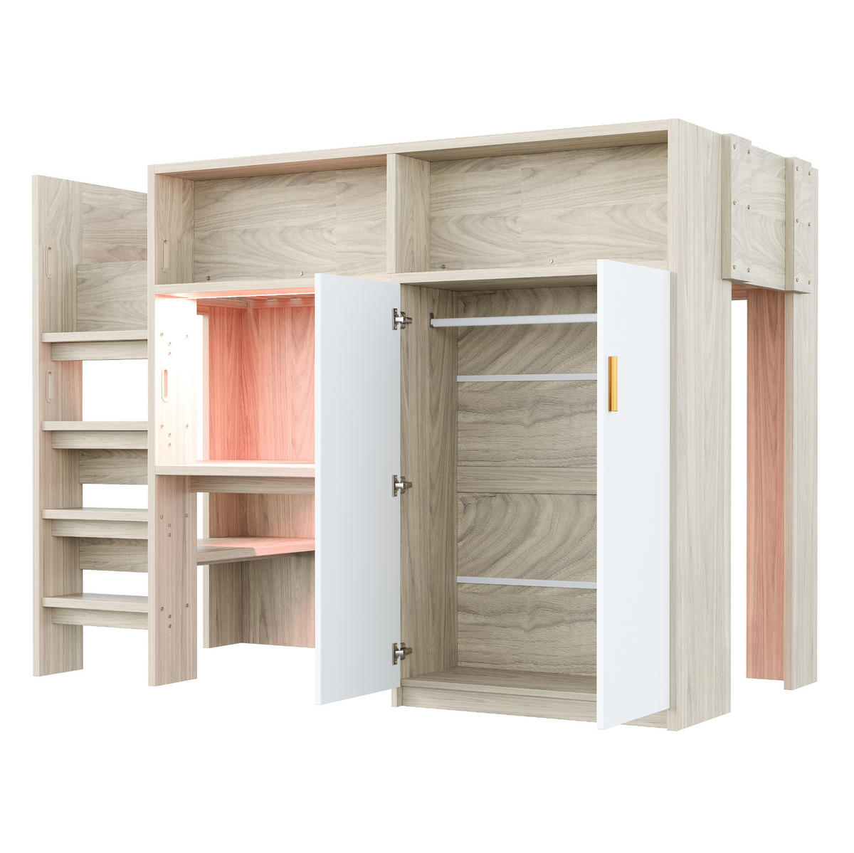 HOCHBETT aus MDF, Spanplatte und Sperrholz 90x200 cm Holzfarbe mit Schreibtisch, Kleiderschrank, Regal und LED-Beleuchtung - Naturfarben, Holzwerkstoff (90/200cm) - Modfu