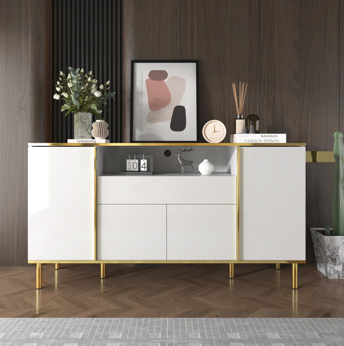 SIDEBOARD aus MDF/Spanplatte in Weiß Hochglanz mit LED, 4 Türen und Schublade, 150/40/80 cm, Weiß - Weiß, Holzwerkstoff (40/80/150cm) - Redom