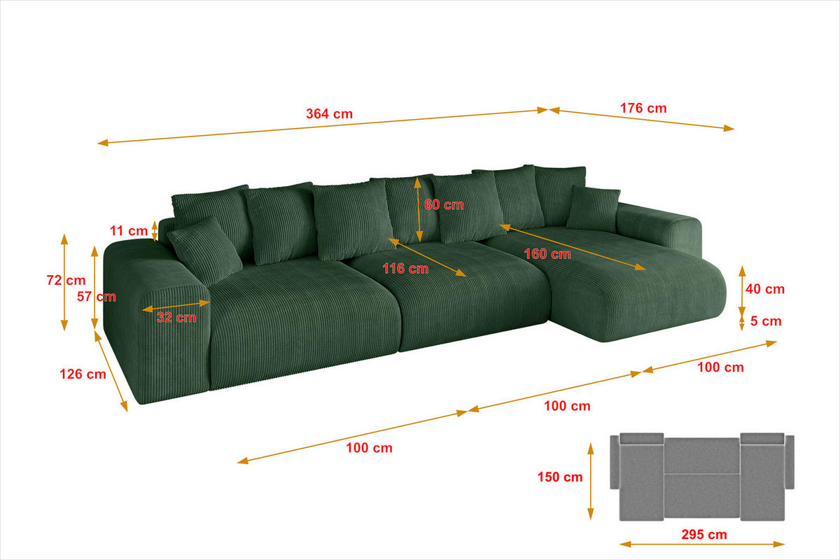 ECKSOFA Ottomane rechts ESKAR-L2 364x176x72 Grün Cord - Schwarz/Grün, Holzwerkstoff/Kunststoff (176/364cm) - ALTDECOR