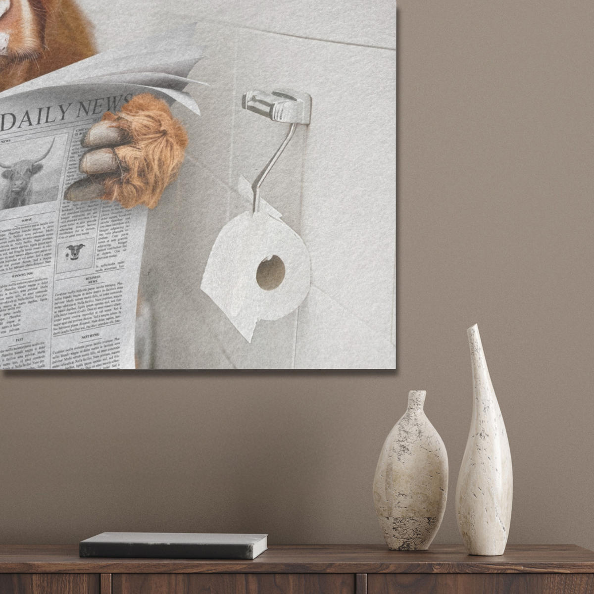 AKUSTIKPANEEL Schottisches Hochlandrind - Tier - Zeitung - Toilette 80x60 cm - Kastanienfarben, Textil (80/0.9/60cm) - MuchoWow