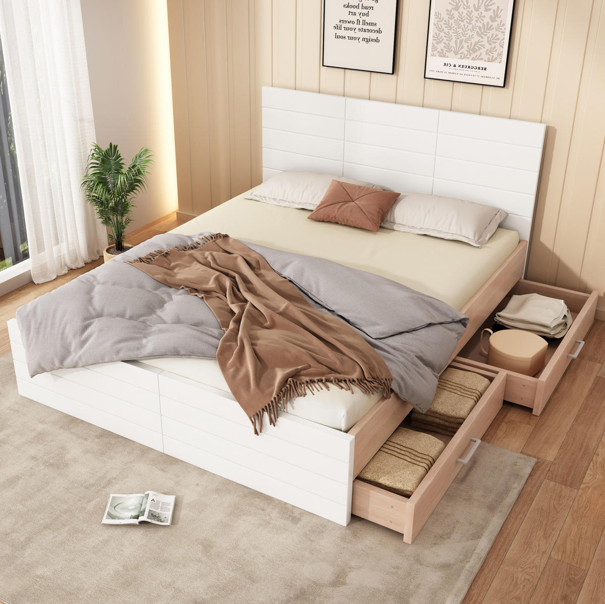 DVOULŮŽKO 160/200 cm bílé v dekoru světlý dub z masivu a MDF s 2 zásuvkami - bílá, kompozitní dřevo (160/200cm) - OKWISH